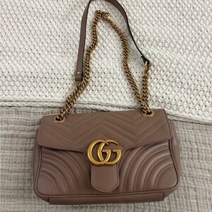 Gucci Quilted Double G Shoulder Bag - Taupe Brown with Gold Hardware